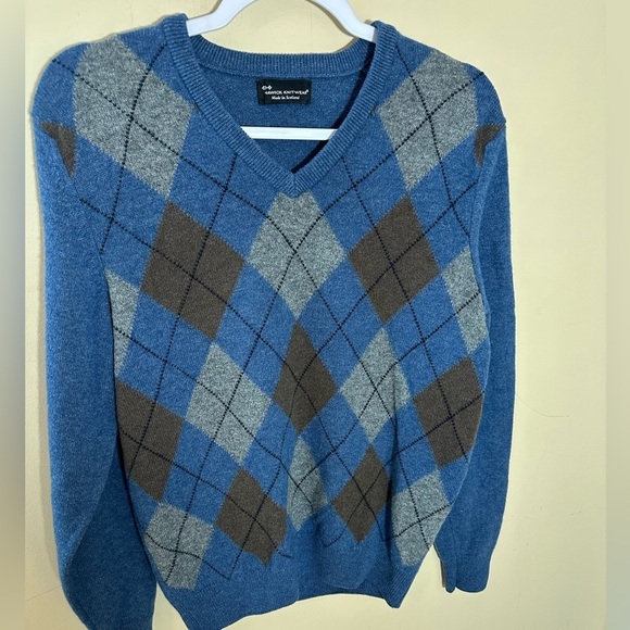 HAWICK Knitwear made in Scotland Pure Wool Sweater Blue Argyle medium - Picture 1 of 5